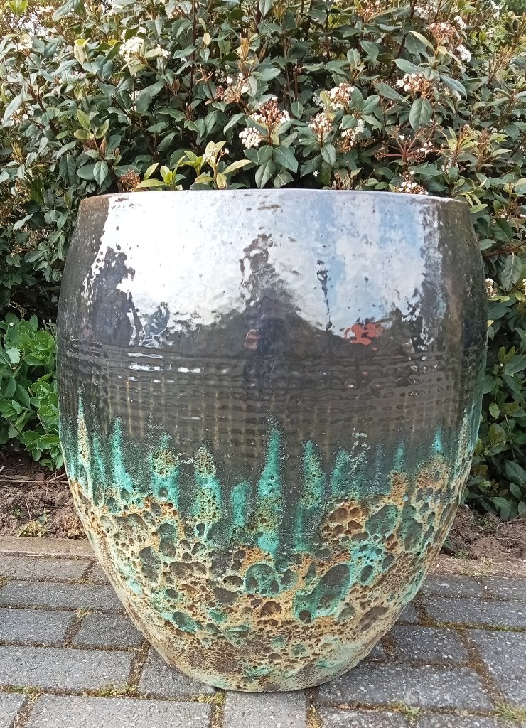 Geglazuurde pot antique 2tone belly green., Tuin en Terras, Bloembakken en Plantenbakken, Ophalen, Overige materialen, Minder dan 60 cm