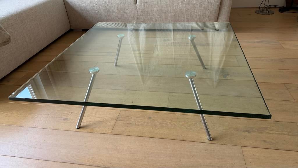 Glazen salontafel Beek Maupertuus 100x100x30cm, Huis en Inrichting, Tafels | Salontafels, Ophalen, Gebruikt, 50 tot 100 cm, Vierkant