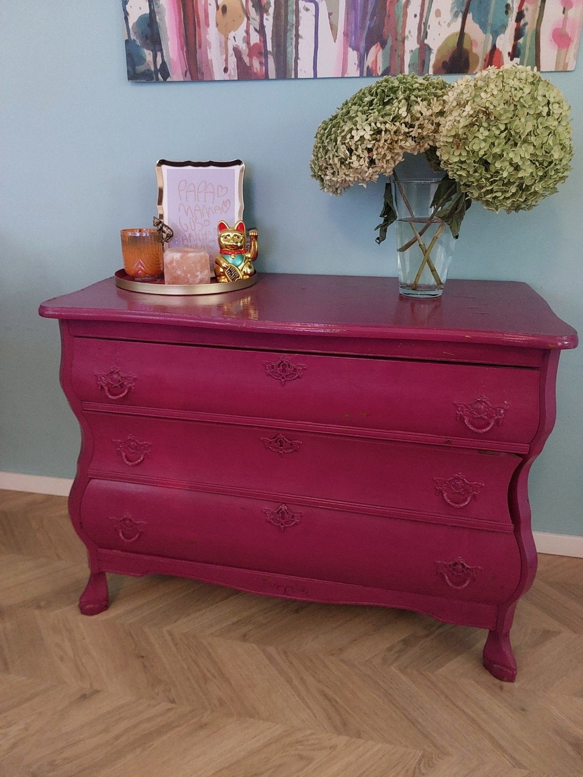 Paarse commode/kastje - Leuk zo of om op te knappen!, Ophalen, Gebruikt, 50 tot 100 cm, 3 of 4 laden