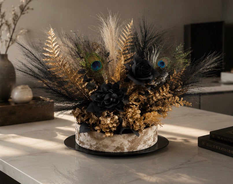 Decoratie Taartje Zijden bloemen Goud/Zwart, Verzenden, Nieuw, Overige materialen, Overige stijlen