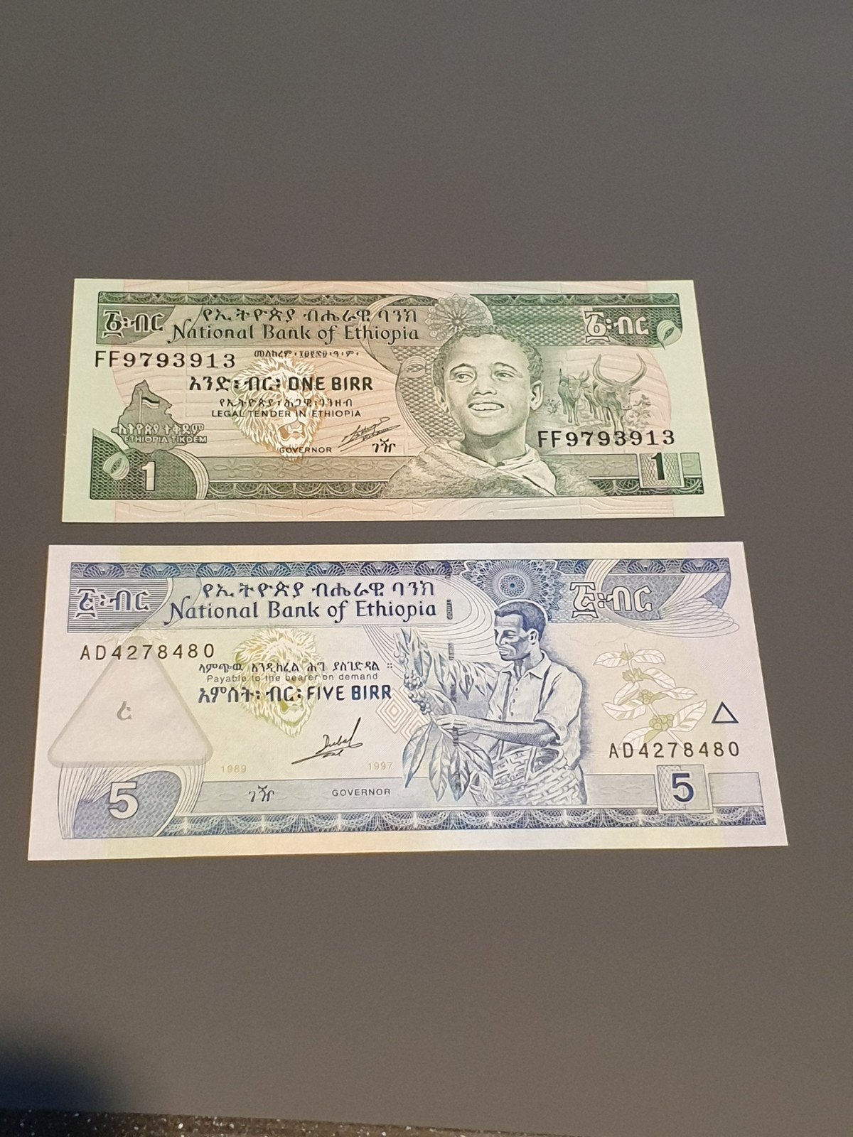 Ethiopië, 1 en 5 birr, unc (B2), Ophalen of Verzenden, Overige landen