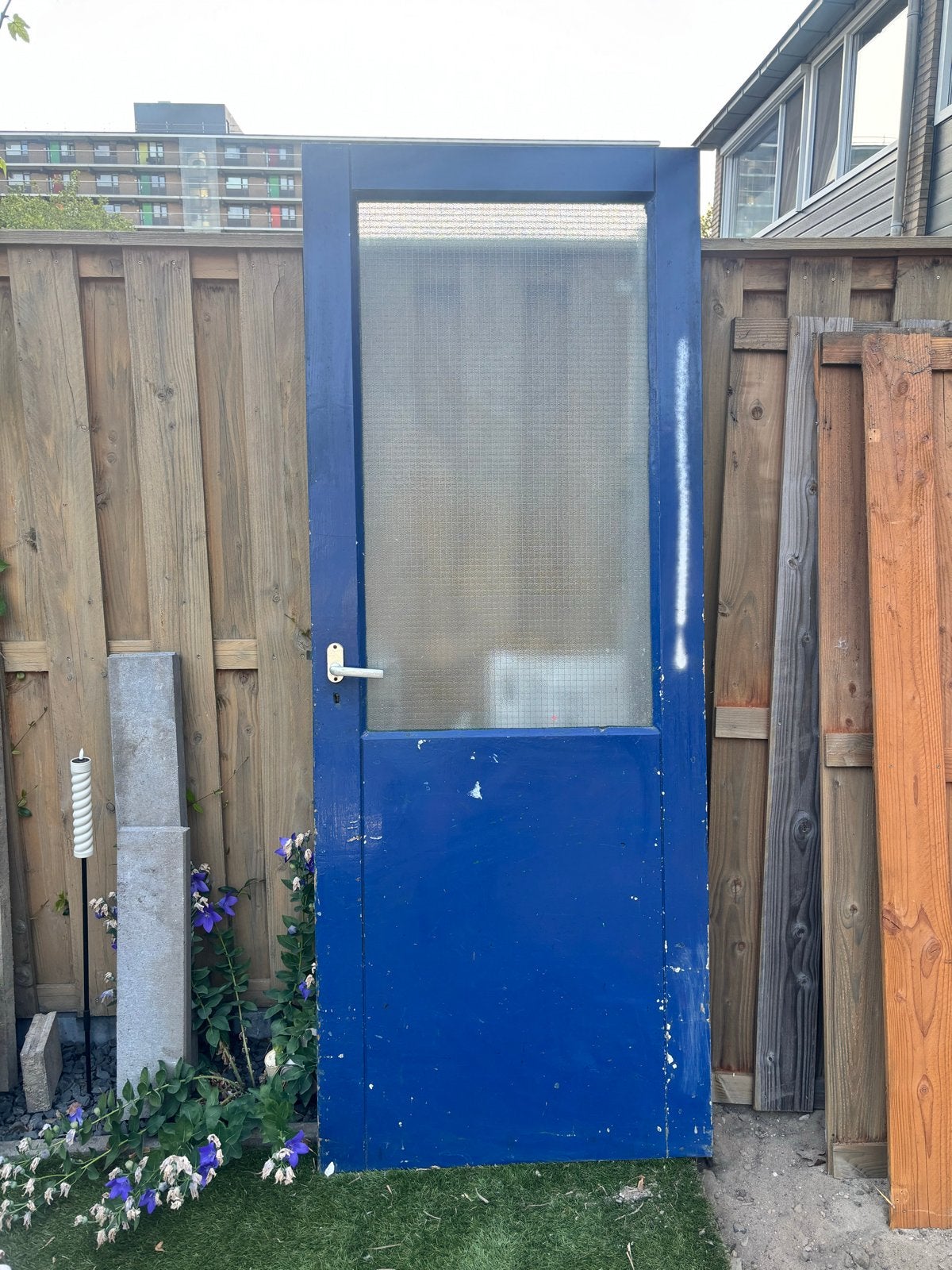 Hardhouten deur 82x210 cm met glas, Gebruikt, 80 tot 100 cm, Ophalen of Verzenden, Buitendeur