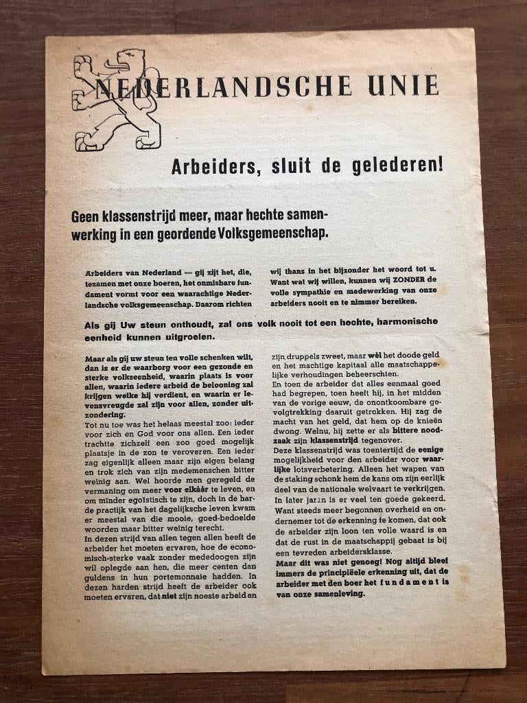 1940 Pamflet  (21,5 x 31 cm) Nederlandsche Unie: 'Arbeiders,, Verzamelen, Verzenden, Nederland