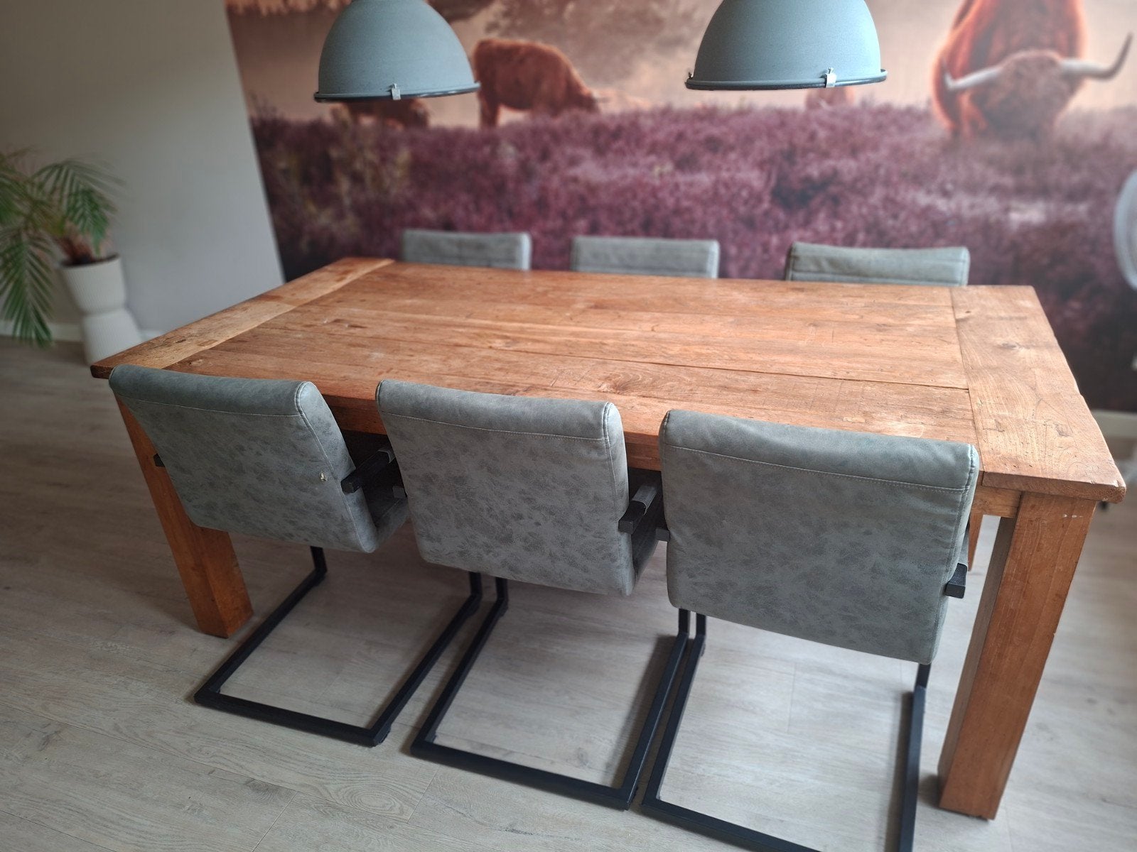 te koop  teakhouten tafel met 6 stoelen, Ophalen, Gebruikt, Rechthoekig, 50 tot 100 cm