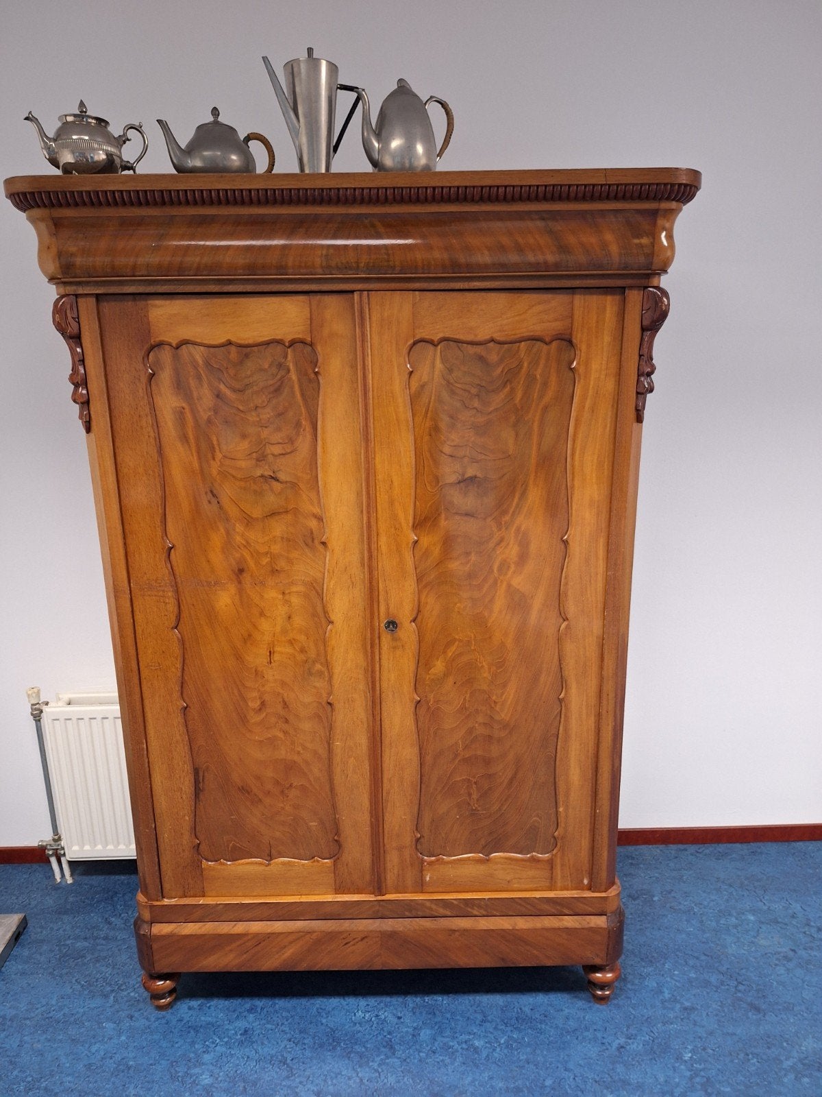 antieke mahonie biedemeier linnenkast, Ophalen, Gebruikt, 100 tot 150 cm, ?