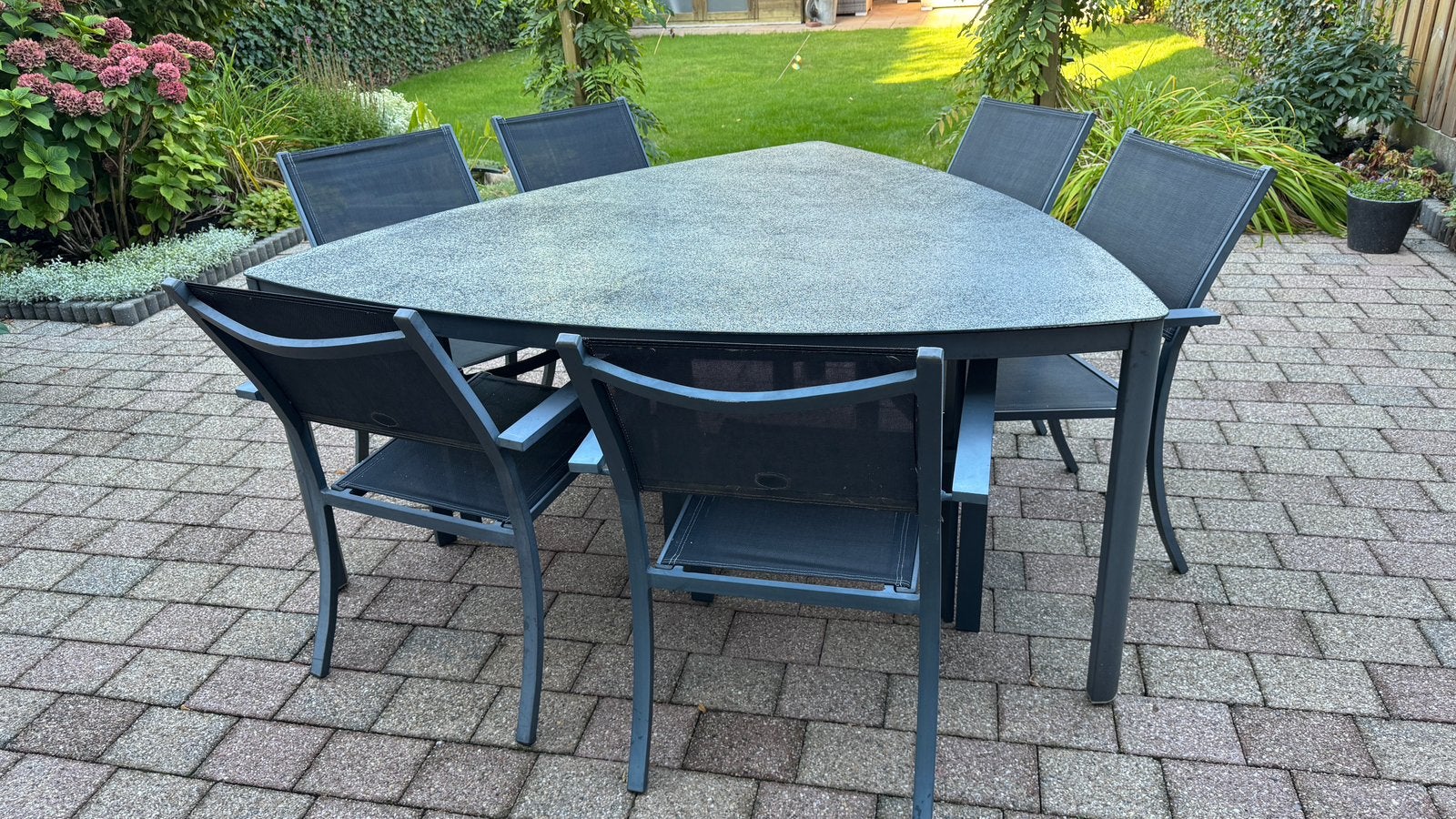 Tuinset driehoek tafel met 6 stoelen, Ophalen, Gebruikt, Eettafel, 6 zitplaatsen