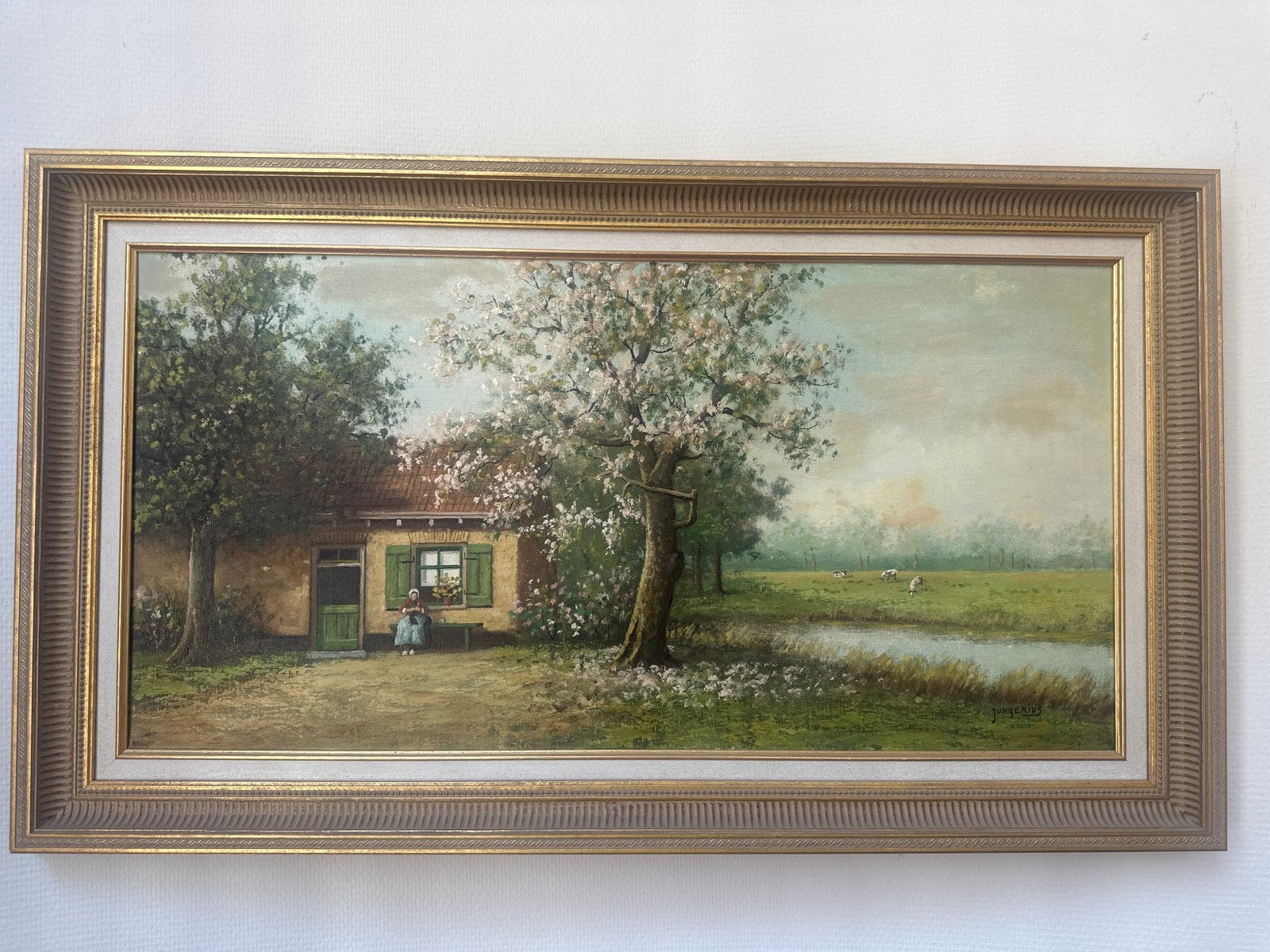 Schilderij met Hollands landschap en boerderij, Antiek en Kunst, Ophalen, Doek, Realistisch, Gesigneerd