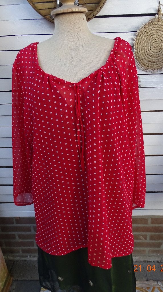 LIV ROOD-WIT NOPJES POLKA BLOUSE-MT48-GYPSIE BOHO TUNIEK, Blouse of Tuniek, Ophalen of Verzenden, Zo goed als nieuw, LIV