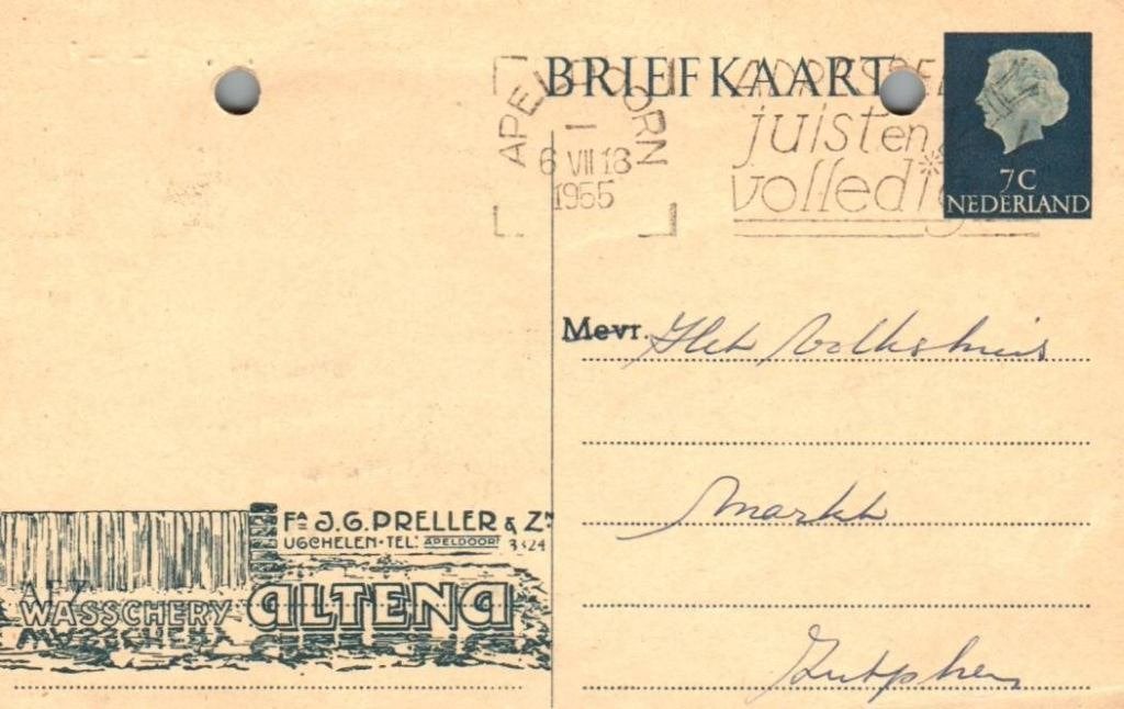 Briefkaart Fa, Preller Ugchelen Wasschery ALTENA 1955, Ophalen, Briefkaart