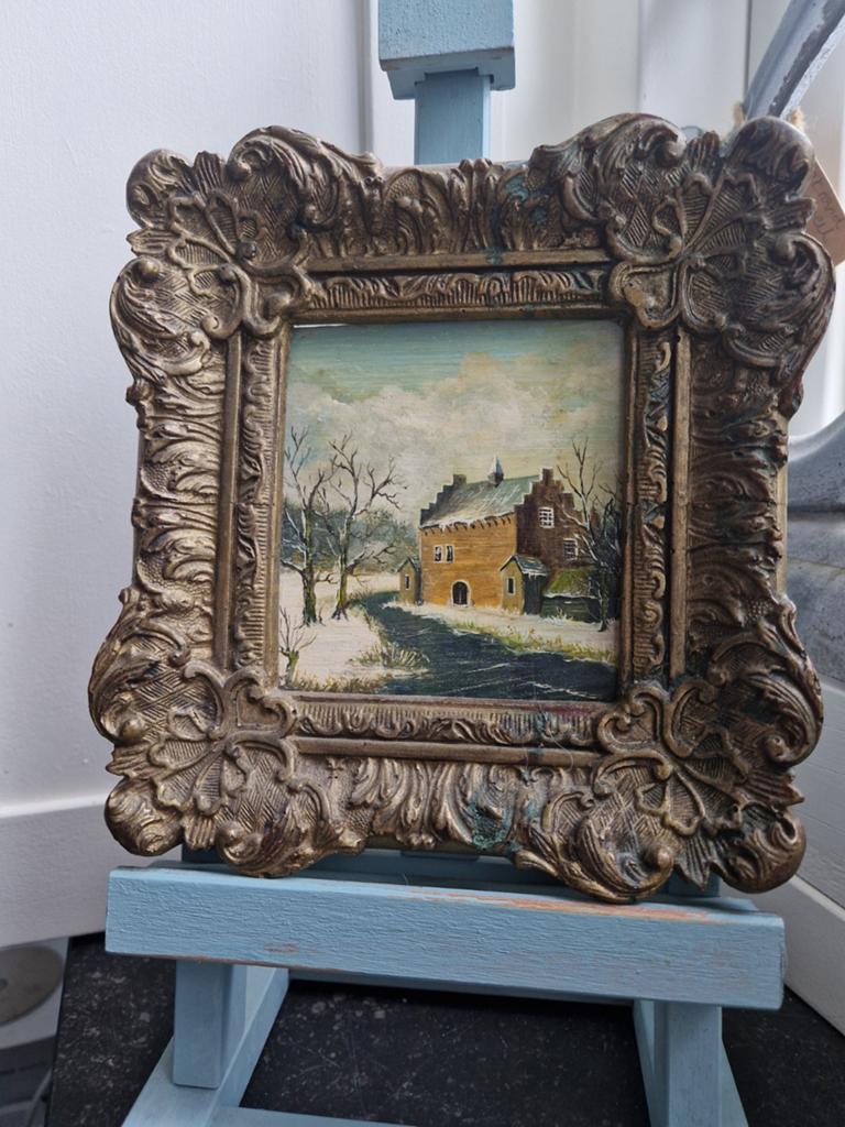 Klein schilderijtje winterlandschap, Antiek en Kunst, Ophalen of Verzenden