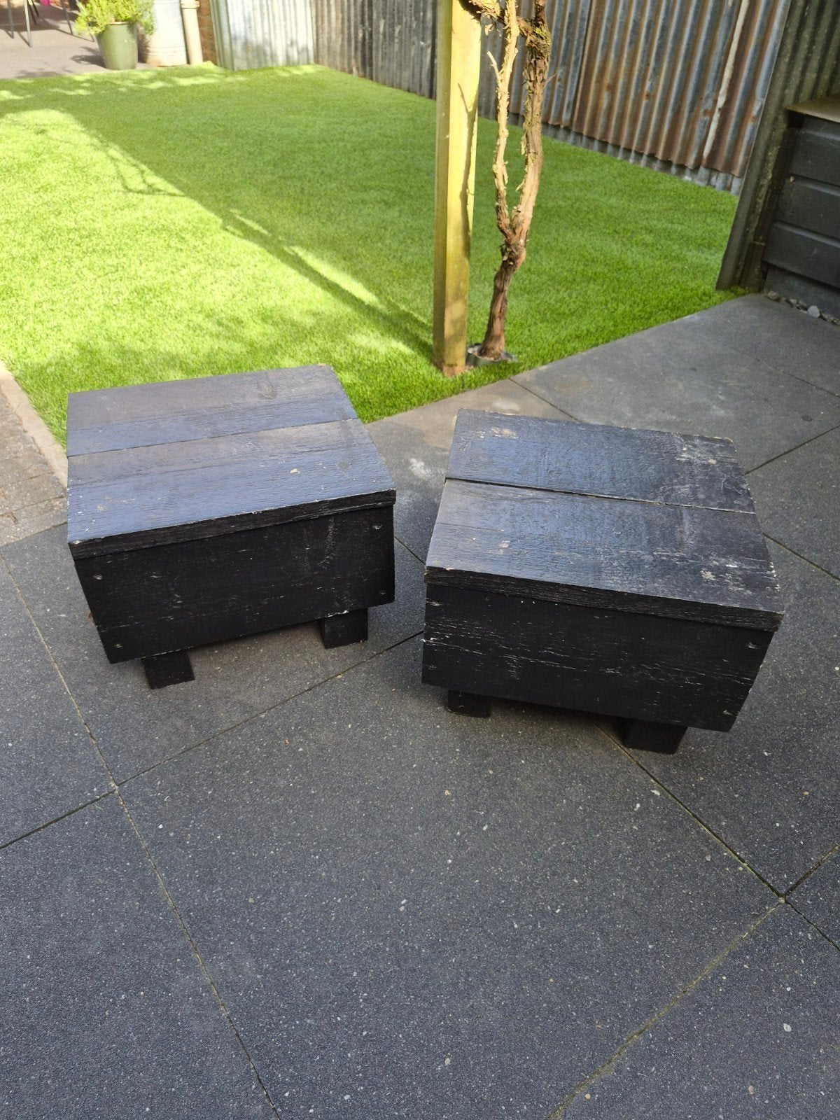 Bijzet tafeltjes/ krukjes van steigerhout set 4 voor 10 euro, Tuin en Terras, Tuinstoelen, Gebruikt, Hout, Ophalen