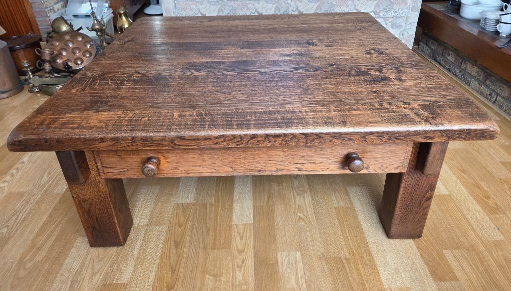 houten salontafel / tafel 110 x 110 cm met lade, Huis en Inrichting, Tafels | Salontafels, Ophalen, Gebruikt, Minder dan 50 cm