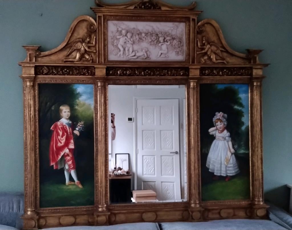 Zeer exclusief wandpaneel met schilderijen en spiegel, Ophalen, Rechthoekig, 150 tot 200 cm, 150 tot 200 cm