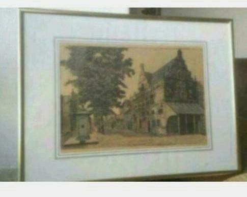 Oude Gravure ingekleurd de Waag Enkhuizen., Antiek en Kunst, Ophalen