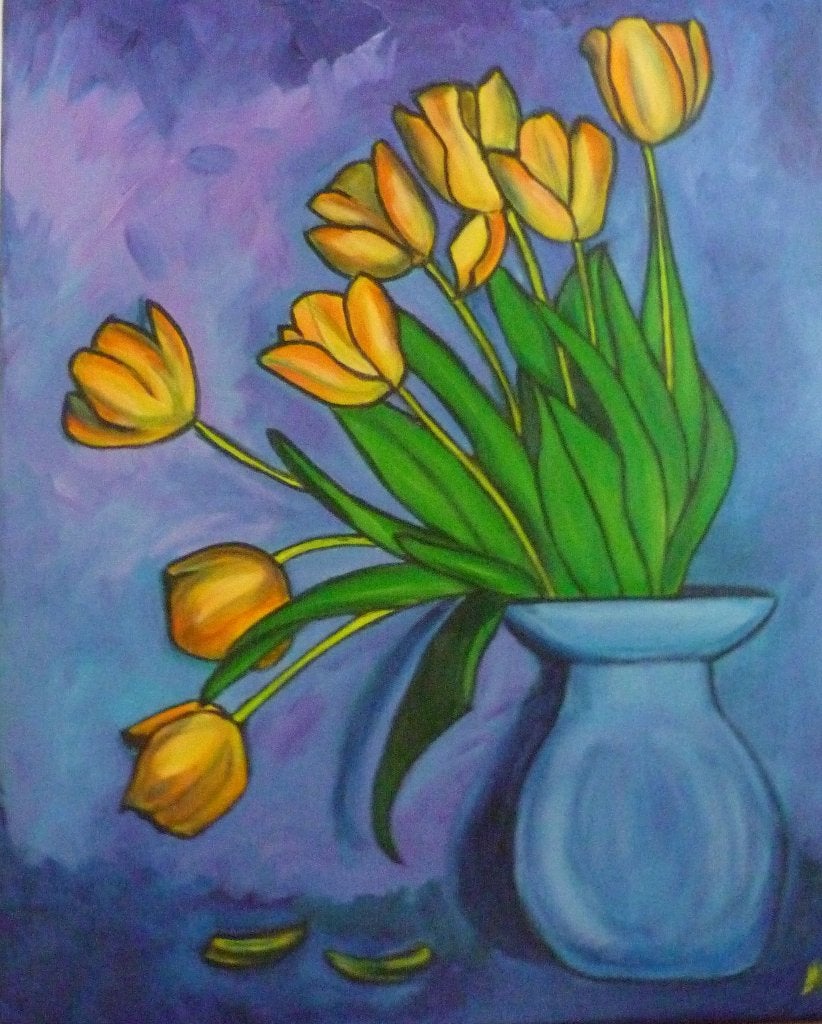 Tulpen in vaas, Acrylverf, Handgeschilderd, Ophalen of Verzenden, Bloemen