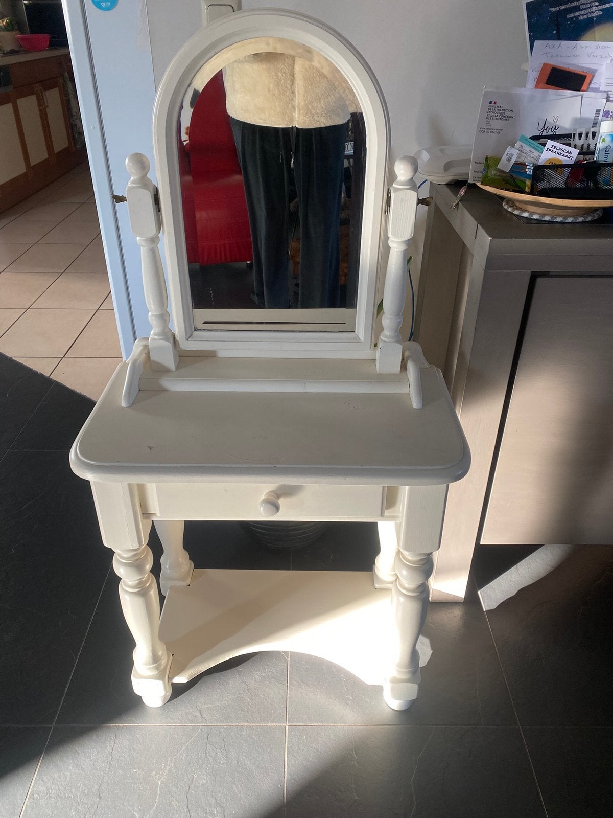 Vintage kaptafel met spiegel - Crème wit, Ophalen, Minder dan 50 cm, Gebruikt, 100 tot 150 cm