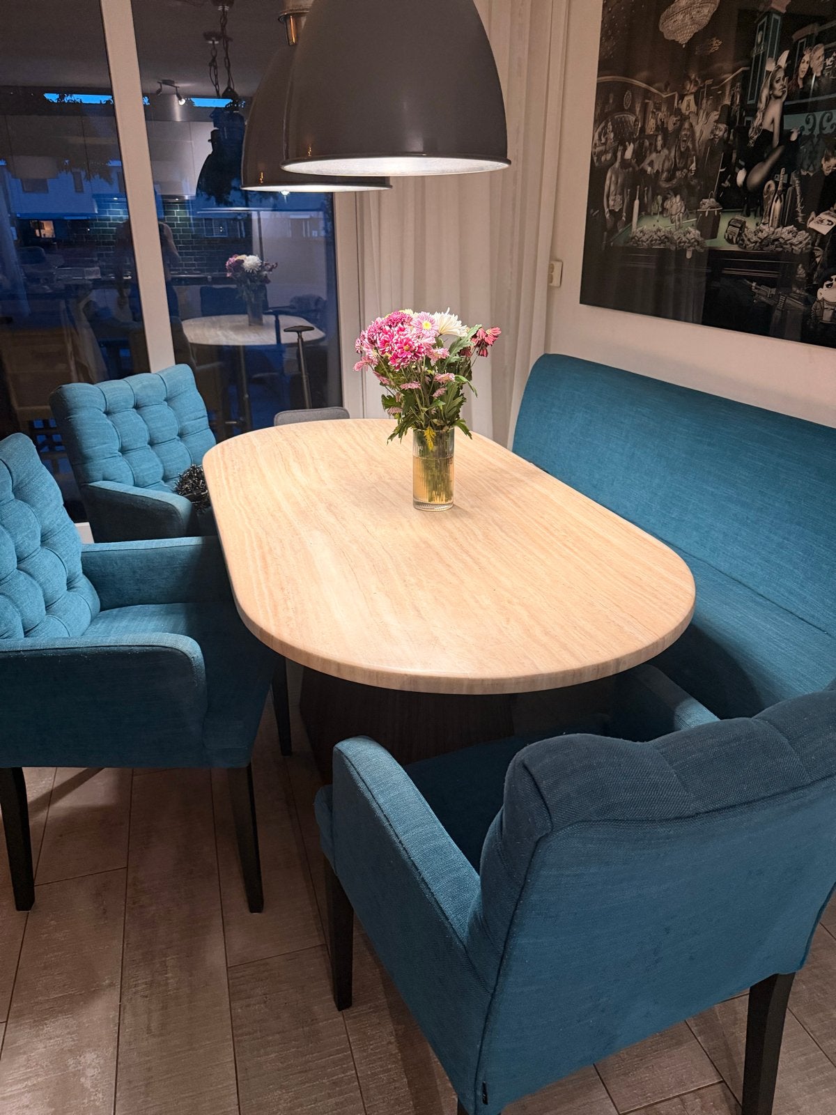GRATIS Complete eetkamer set: bank en 3 stoelen petrolblauw, Ophalen, Gebruikt, Minder dan 4 stoelen