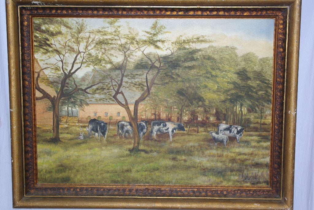Olieverfschilderij: Boerderij met vee in landschap, Realistisch, Ophalen of Verzenden, Landschap, Olieverf