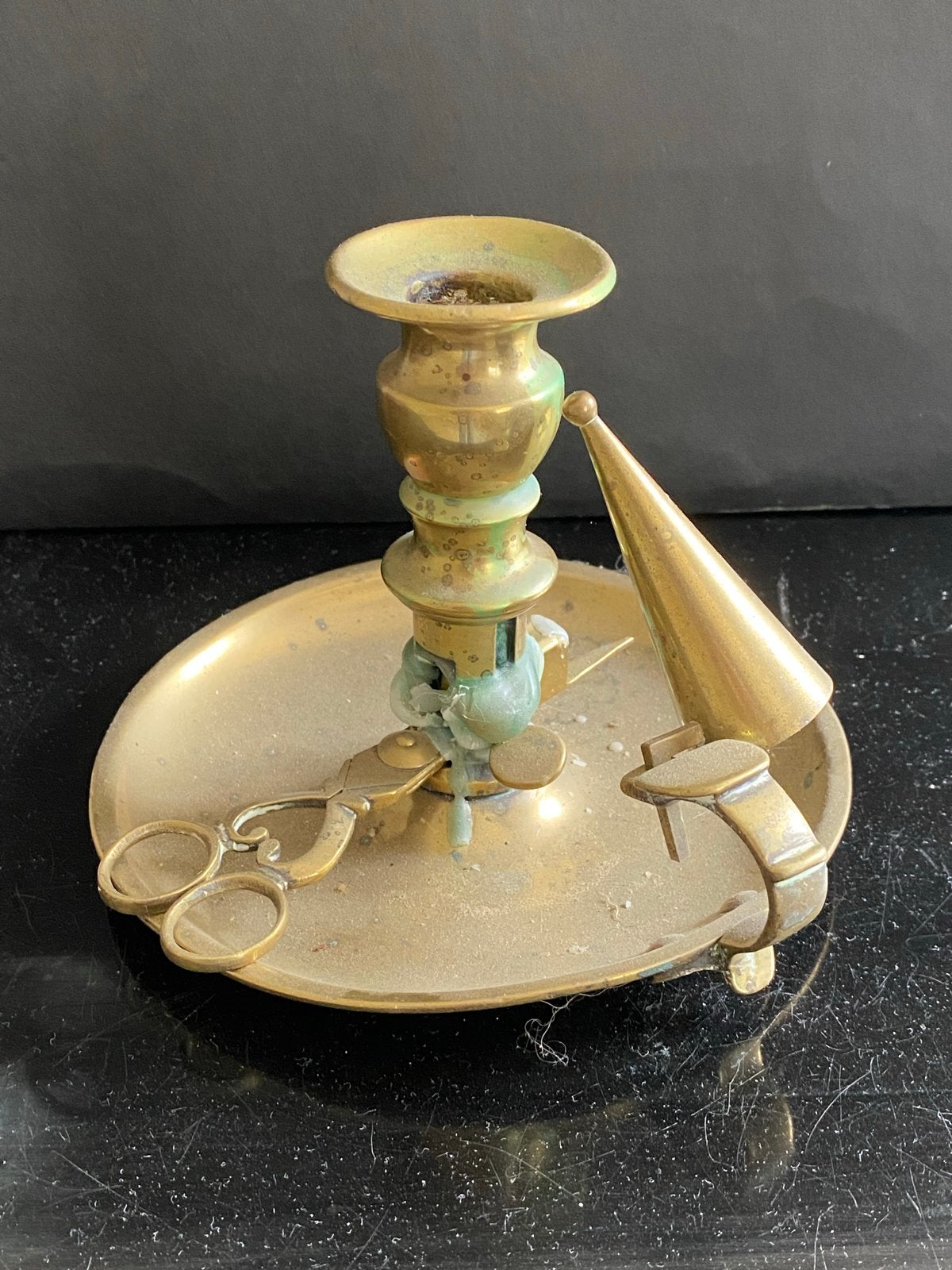 Antieke koperen kandelaar met snuiter en schaar, Antiek en Kunst, Ophalen of Verzenden, Koper of Brons