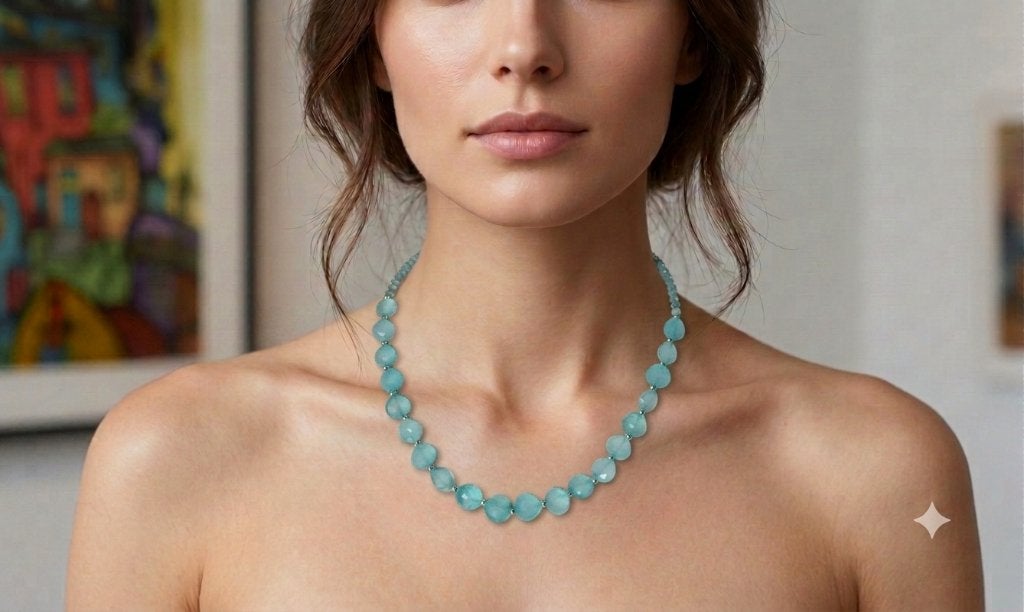 Prachtige Ketting Chalcedoon & Aquamarijn 14K 18K Gold F, Sieraden, Tassen en Uiterlijk, Kettingen, Blauw, Nieuw, Ophalen of Verzenden