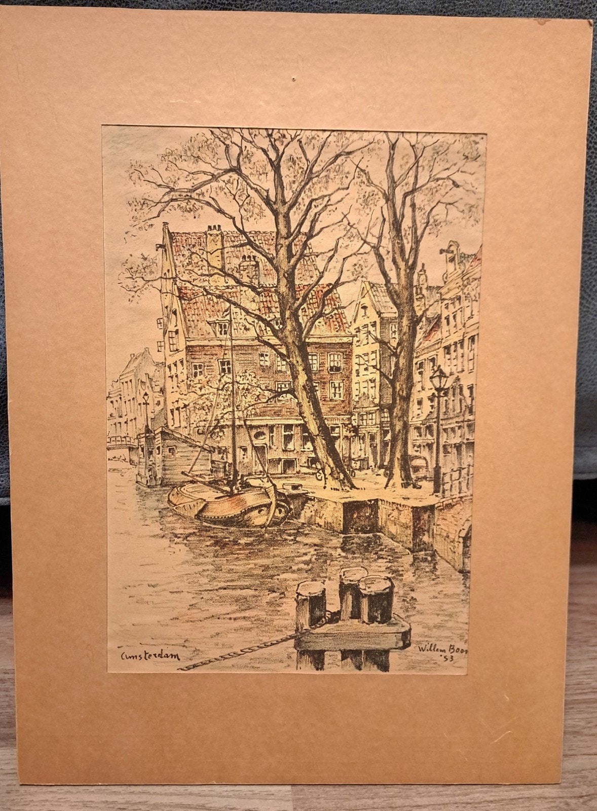 Amsterdam 1953,  wasco tekening van Willem Boon, Ophalen of Verzenden, Handgemaakt