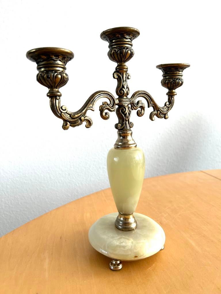 Messing kandelaar met onyx, Ophalen of Verzenden, Koper of Brons
