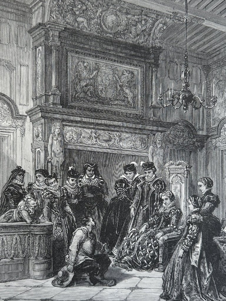 Don Quichot, Sancho e.d. hertogin - Antieke houtgravure Doré, Antiek en Kunst, Ophalen of Verzenden, 30 cm, 1800 - 1899, 40 cm