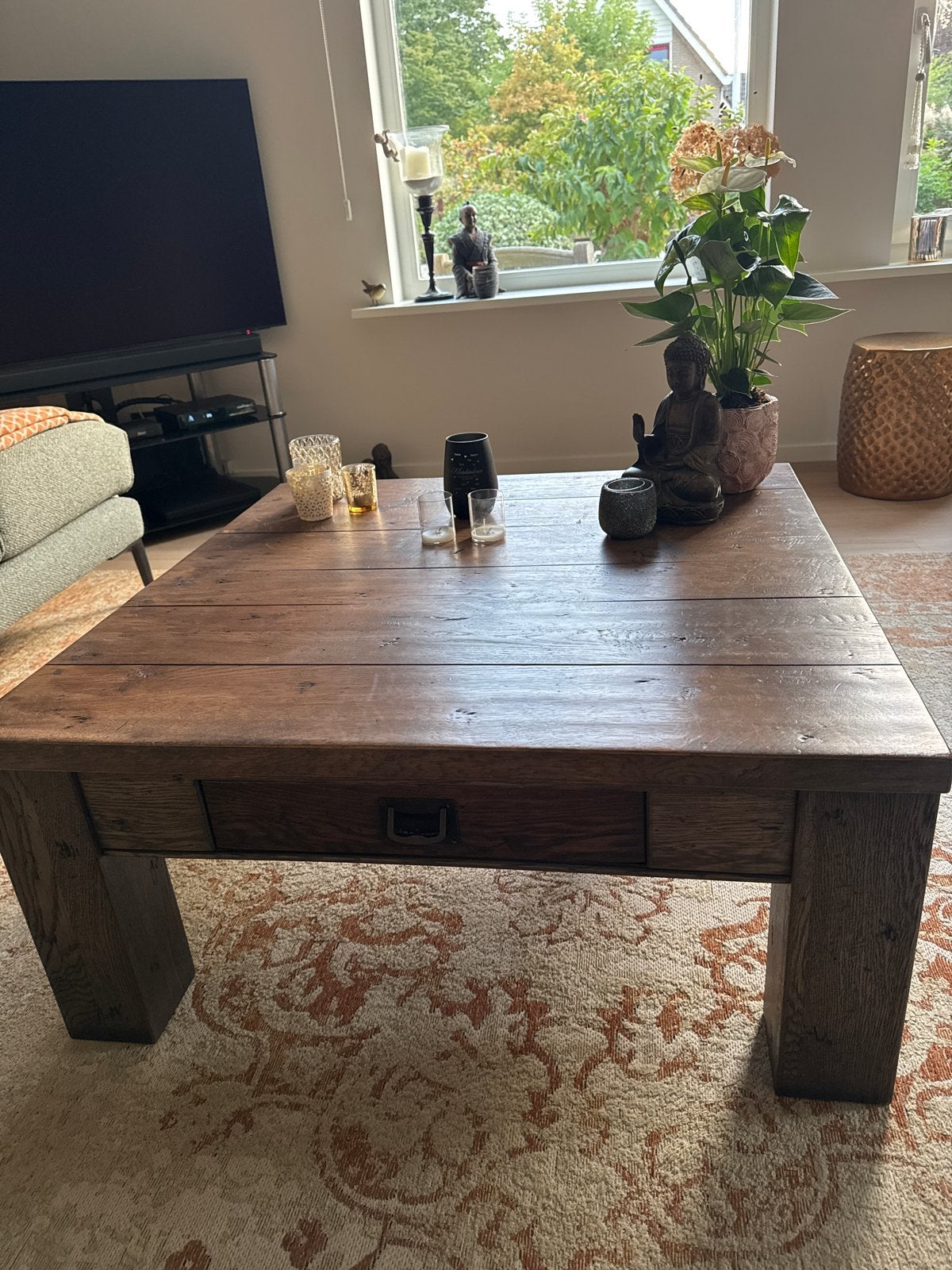 Eiken salontafel 90x90 cm met lade, Ophalen, Gebruikt, 50 tot 100 cm, 5 – 50