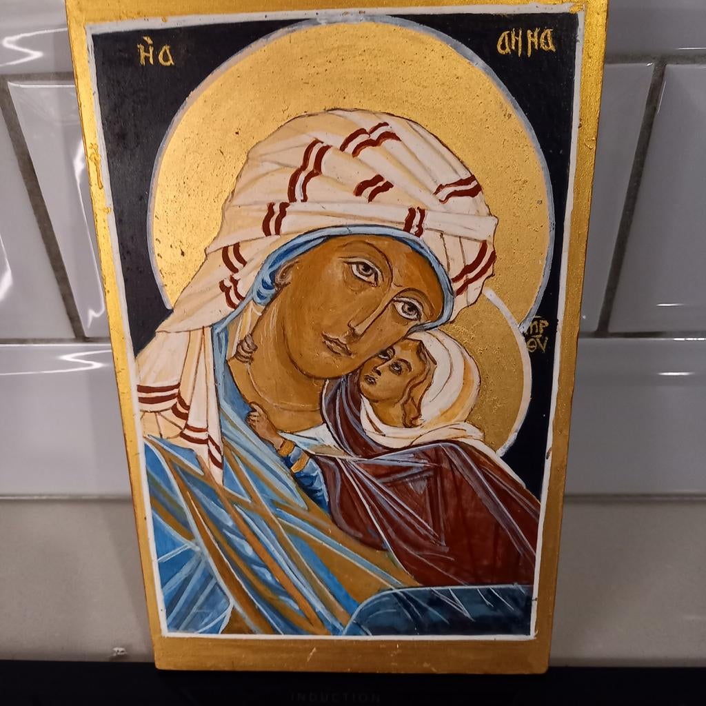 Handgeschilderde icoon Maria met kind hout  Byzantijnsestijl, Ophalen of Verzenden, Gebruikt, Beeld(je)