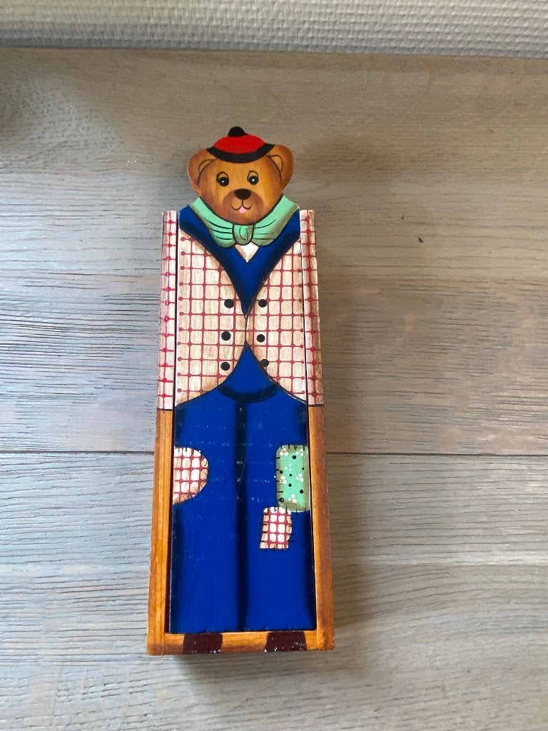 Vintage houten beren etui / pennenbakje met schuifdeksel, Hobby en Vrije tijd, Tekenen, Ophalen of Verzenden, Zo goed als nieuw