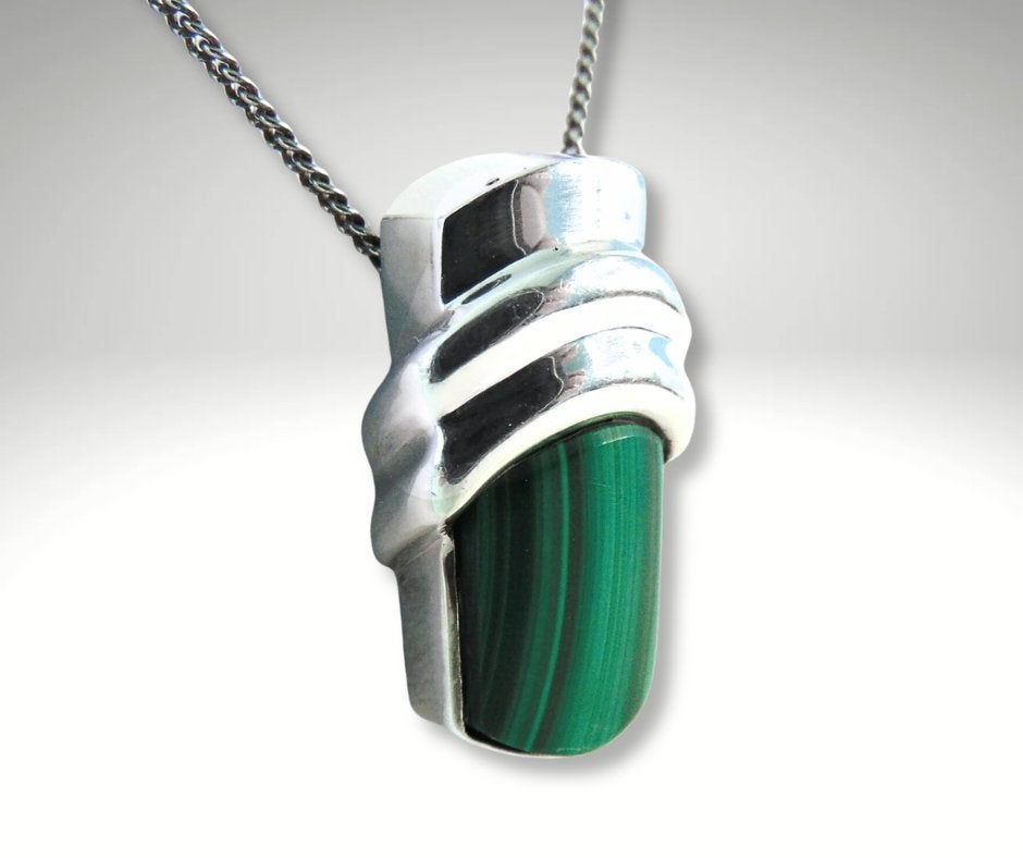Fins design KAUNIS KORU 925 zilver malachiet hanger 1979!, Verzenden, Zo goed als nieuw, X, Met edelsteen