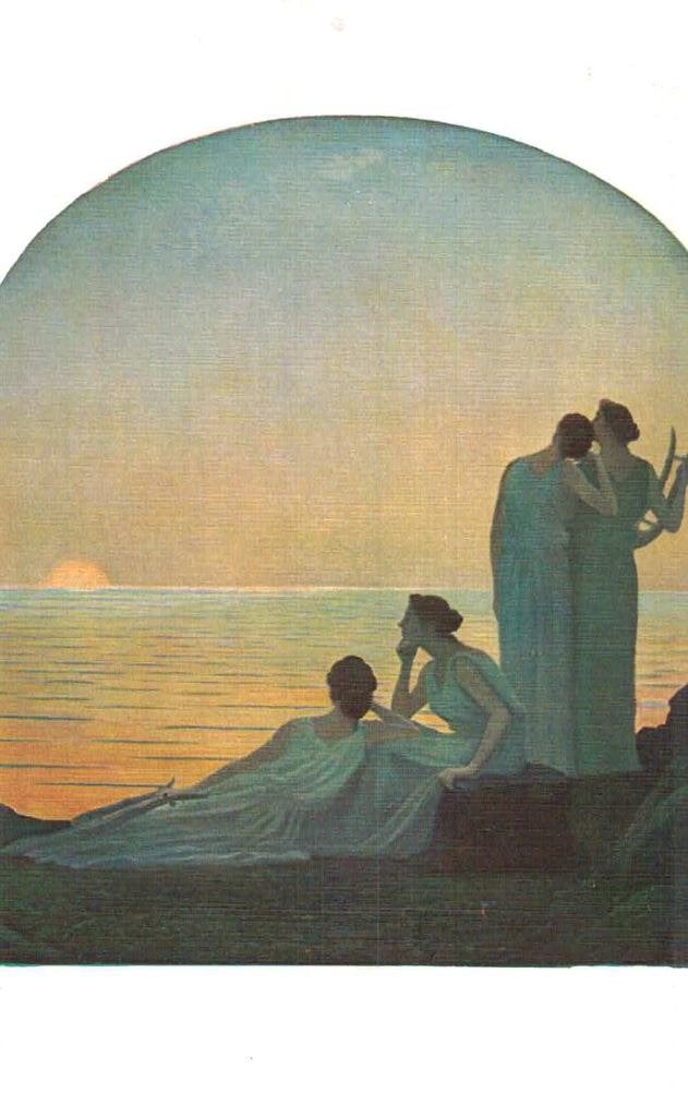 Antieke Ansichtkaart: Vrouwen bij Zonsondergang aan Zee, Ophalen of Verzenden, Voor 1920, Ongelopen, Cultuur en Media