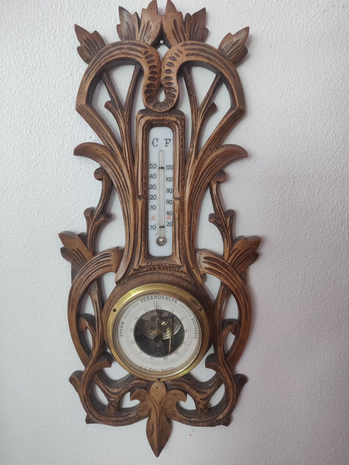 Antiek Weerstation met Barometer en Thermometer, Ophalen of Verzenden, Gebruikt, Weerstation