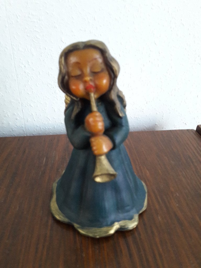Engel , brocante mooie wassen kerst engel in het blauw, Ophalen of Verzenden