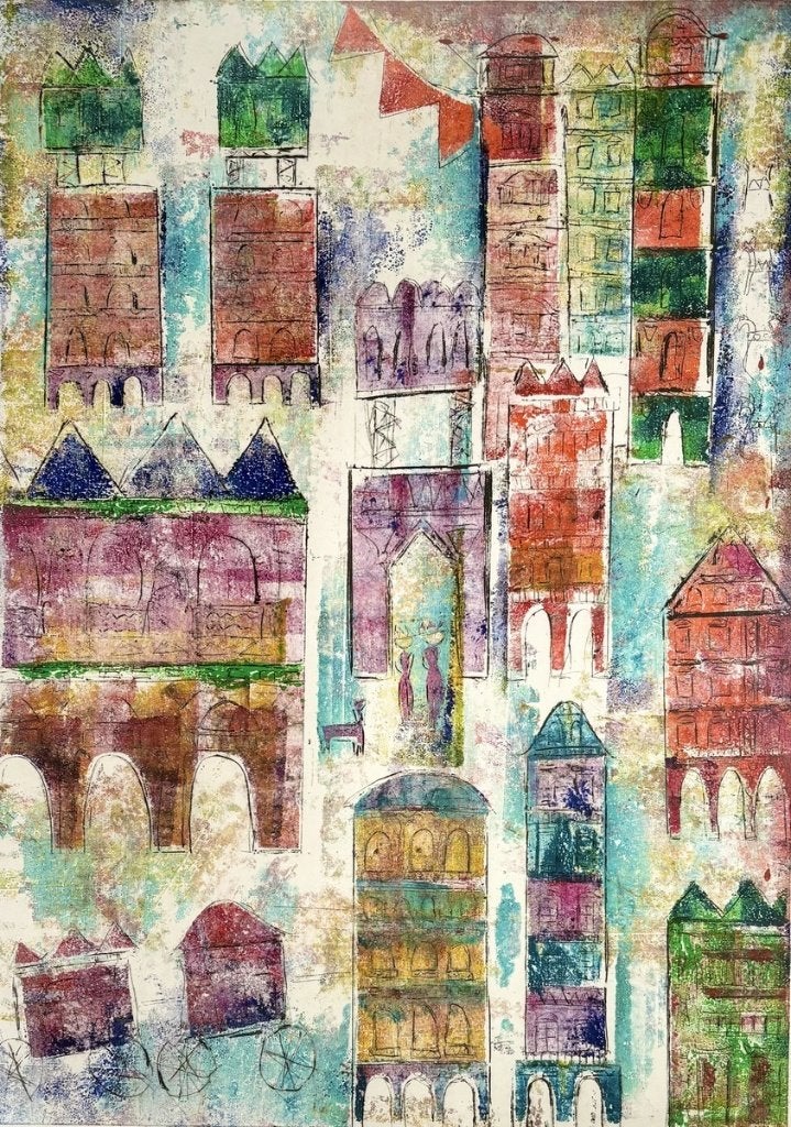 844. Zeefdruk, Lia van Leeuwen - "Agora", eind 20e eeuw, Antiek en Kunst, Ophalen of Verzenden, Zeefdruk