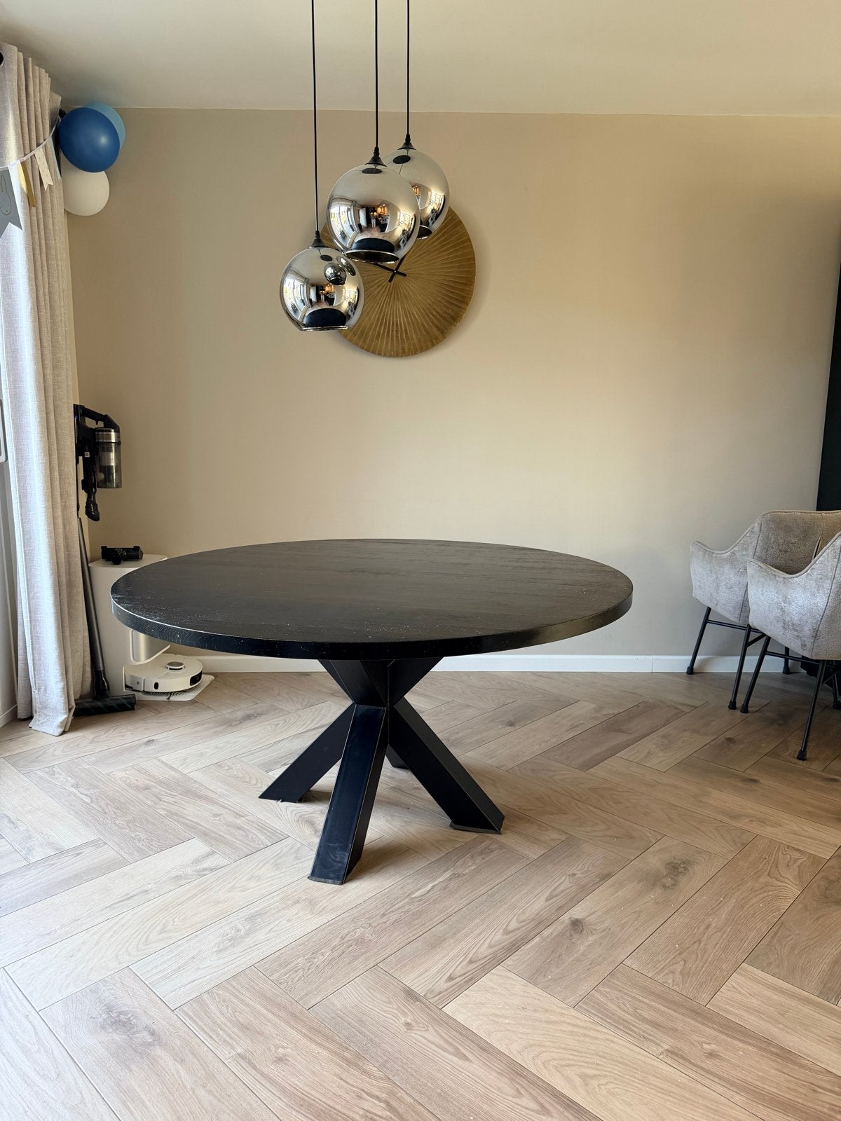 Massief eiken ronde eettafel 150cm met matrixpoot, Huis en Inrichting, Tafels | Eettafels, Ophalen, Gebruikt, 100 tot 150 cm, 150 tot 200 cm