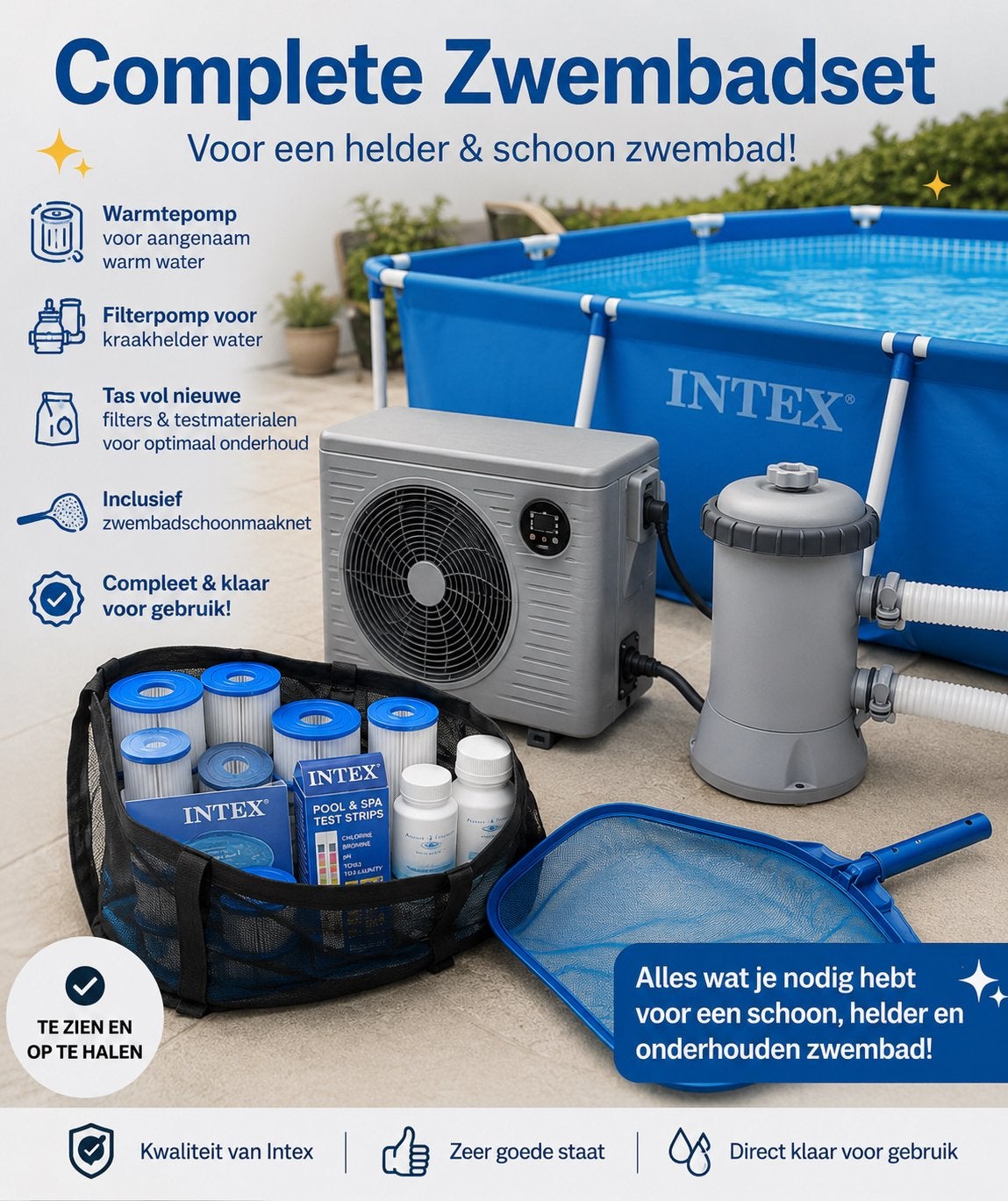 Complete Intex Zwembadset met warmtepomp en filterpomp, Ophalen, Zo goed als nieuw