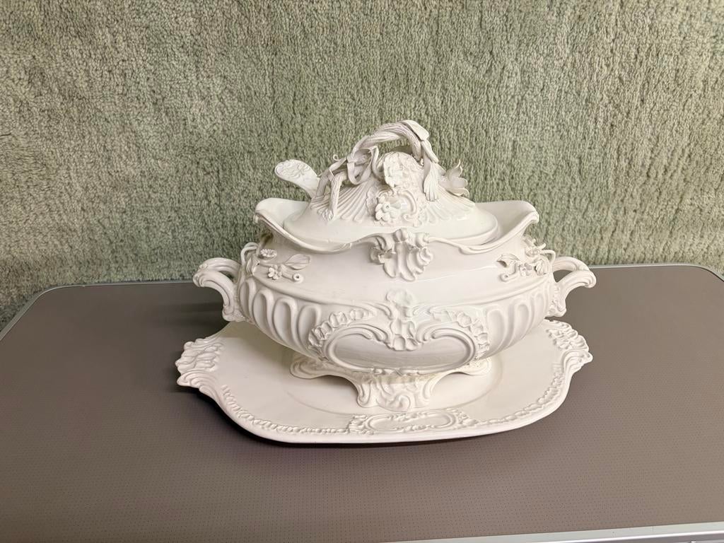 Decoratieve soepterrine met schaal, wit, barokstijl, Ophalen of Verzenden