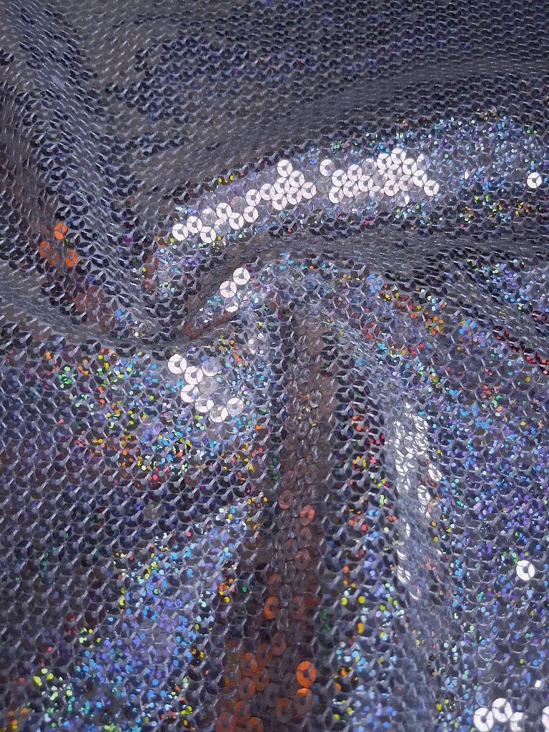 Iriserende zilveren pailletten 2-way stretch, Hobby en Vrije tijd, Stoffen en Lappen, Overige materialen, Overige kleuren, 120 cm of meer