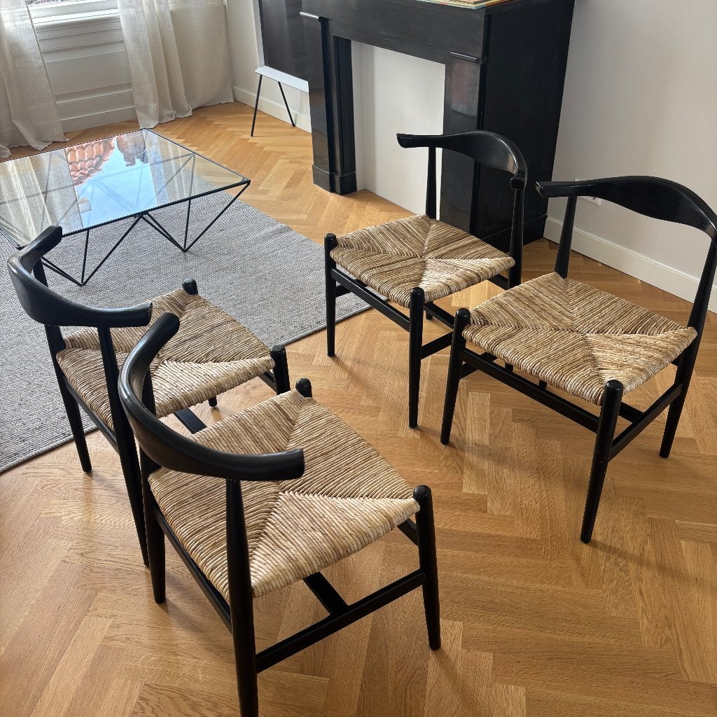 4x Vintage Stoelen Wegner stijl | paper cord | Deens Design, Ophalen, Gebruikt, Zwart, Hout