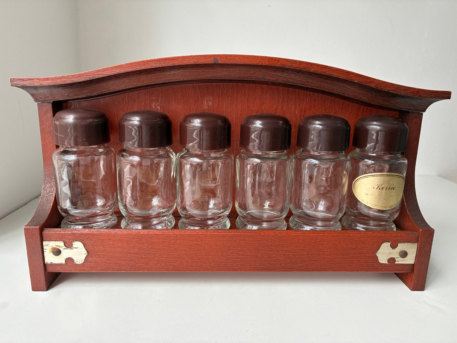Vintage kruidenrek met 6 glazen potjes, Hout, Ophalen of Verzenden, Overige typen, Gebruikt