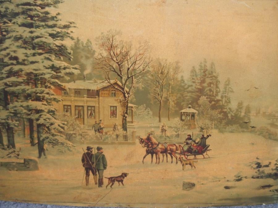 Chromo lithographie Russisch, winters tafereel, Antiek en Kunst, Ophalen of Verzenden