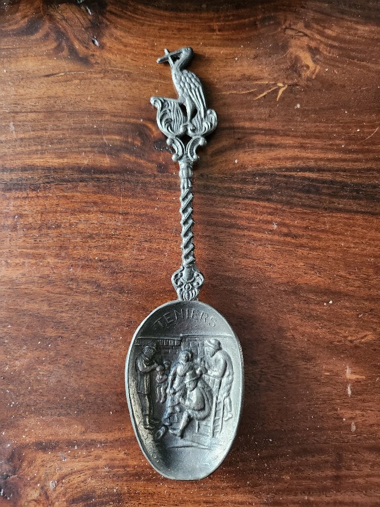 Tinnen lepel pelikaan Teniers, Ophalen of Verzenden
