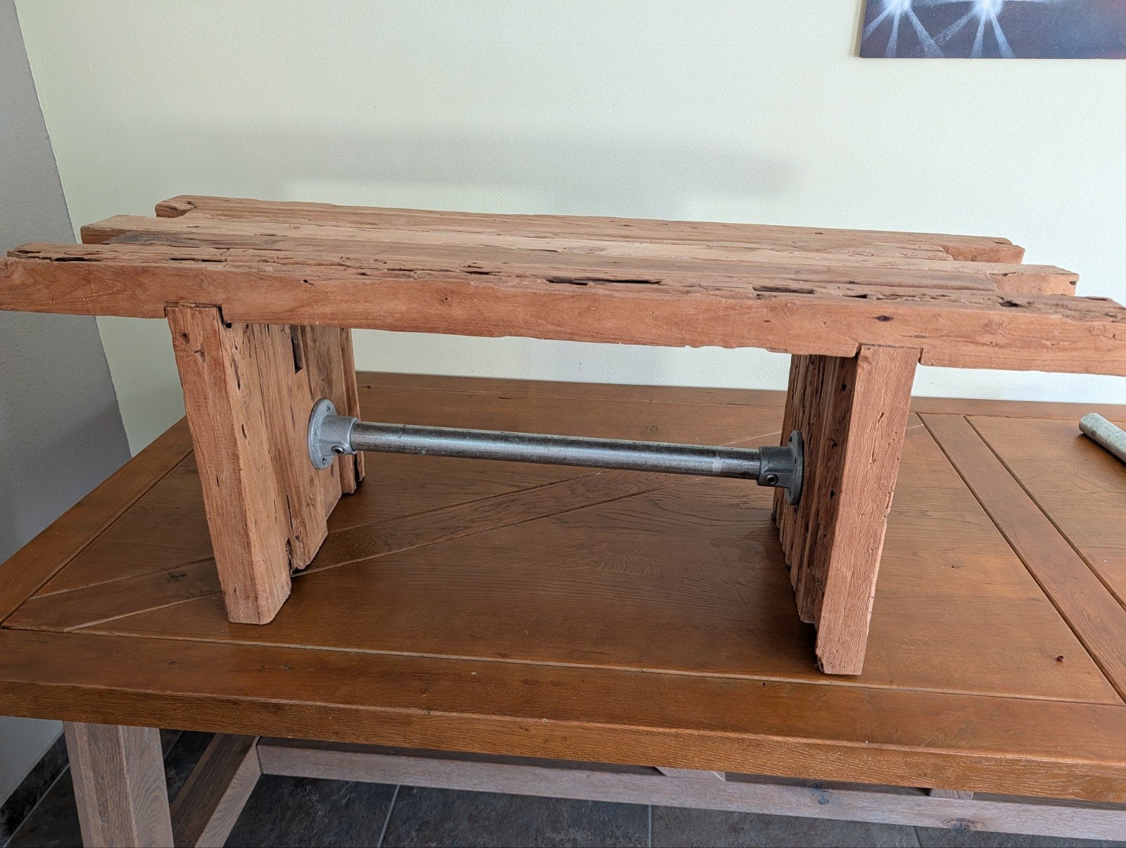 Robuuste houten bank van gerecycled hout, Huis en Inrichting, Ophalen, Gebruikt, Rechthoekig, Industrieel, Rustiek