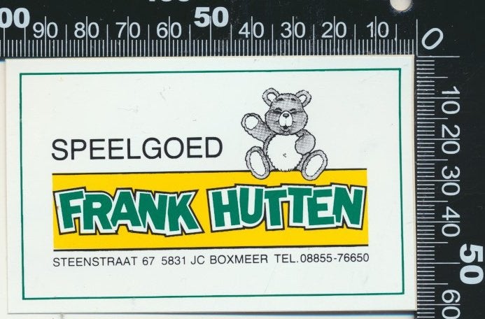 Sticker: Frank Hutten Speelgoed - Boxmeer, Ophalen of Verzenden, Zo goed als nieuw, Bedrijf of Vereniging