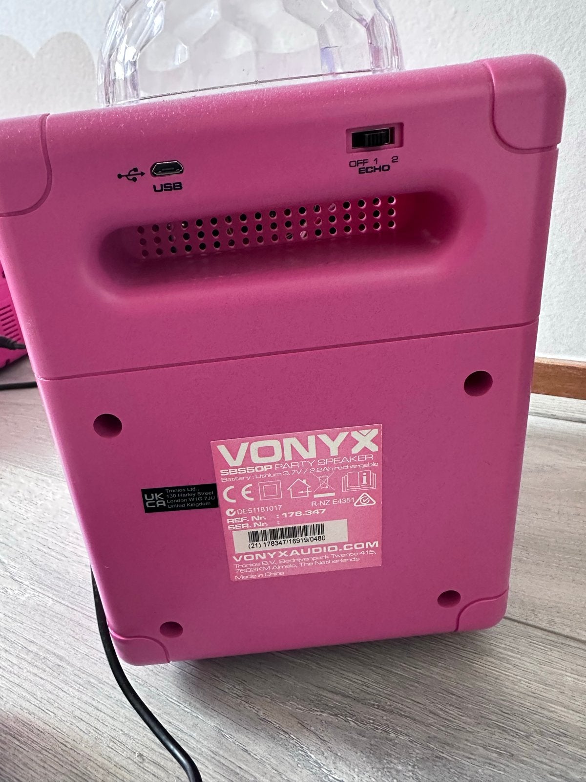 Vonyx SBS50P Party Speaker Roze met Microfoon, Party speaker, Zo goed als nieuw, Bluetooth, Minder dan 60 watt