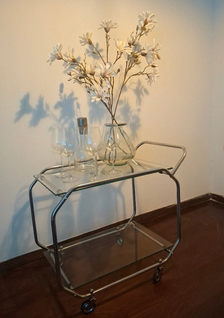 Vintage chromen serveerwagen / barcart – jaren '50/'60, Gebruikt, 50 tot 100 cm, Glas, Ophalen of Verzenden