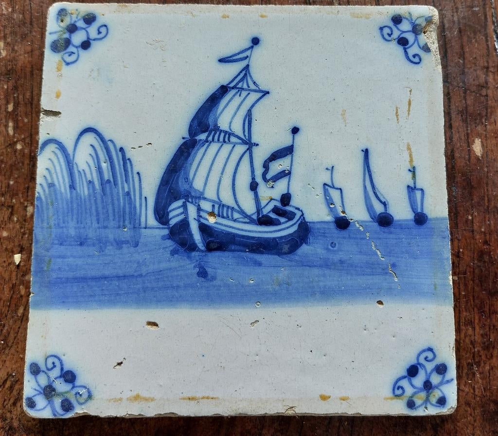 antieke tegel met afb zeilboot, Ophalen of Verzenden