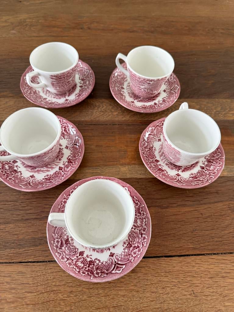 Engels rood Grindley Country Inns 5x Koffiekopje met schotel, Huis en Inrichting, Gebruikt, Ophalen of Verzenden, Overige stijlen