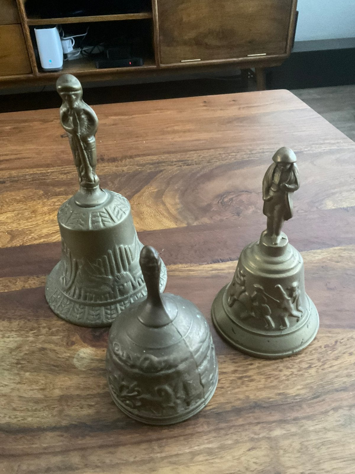 Set van 3 antieke messing tafelbellen 10 cm 13cm, 19 cm, Ophalen of Verzenden
